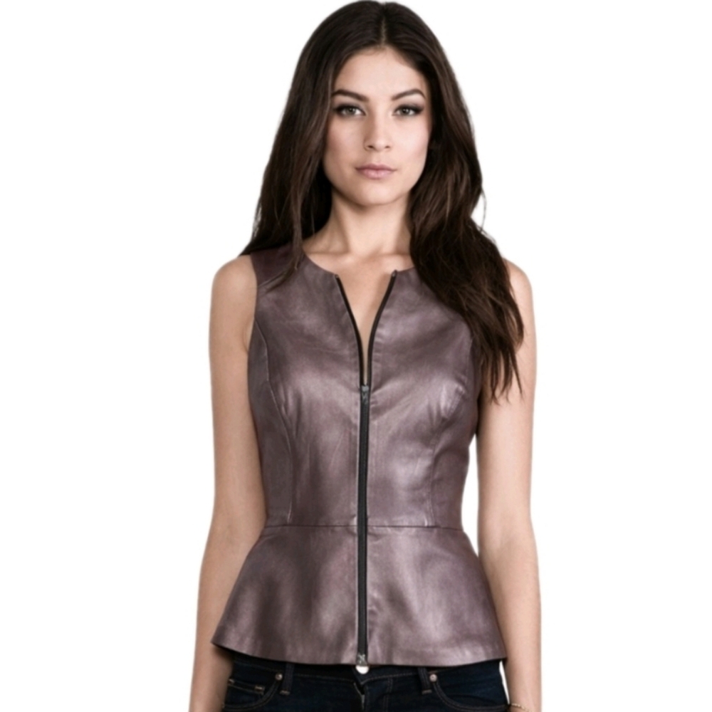 Trina Turk Sleeveless Leather Vest Zip Front In Metallic Silver Size 2